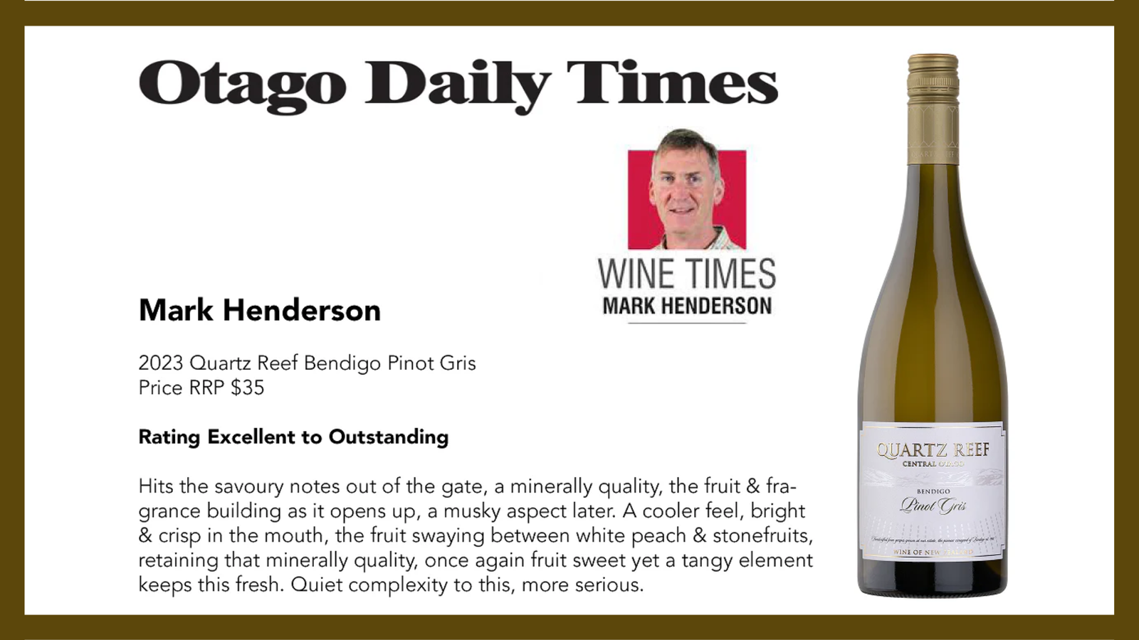 Otago Daily Times - Quartz Reef Bendigo Pinot Gris 2023 Excellent - Outstanding