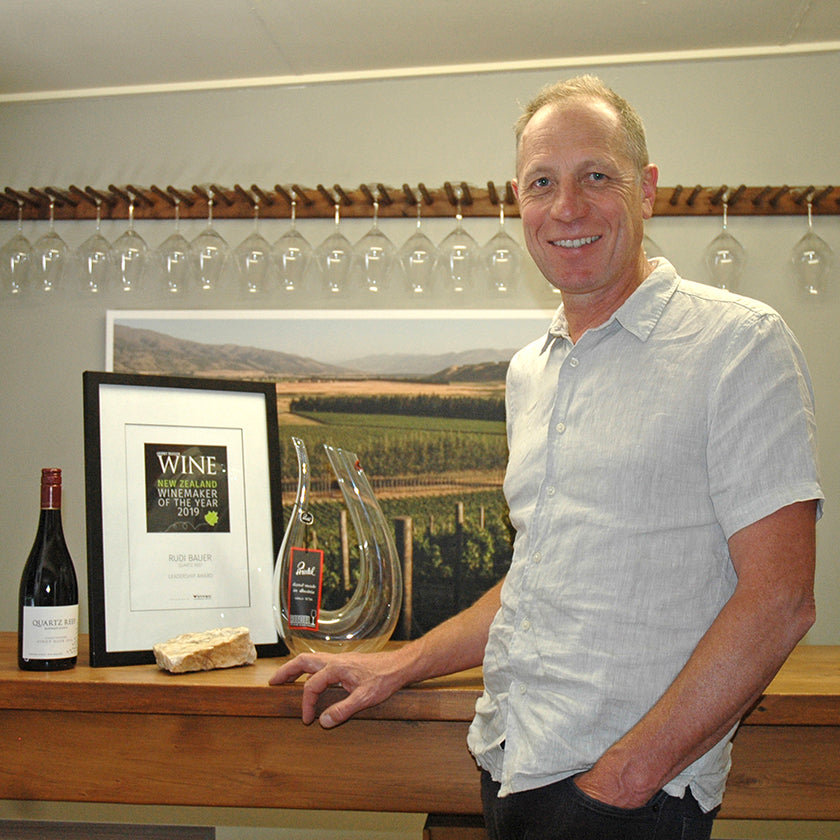 Award winning Central Otago winemaker Rudi Bauer with his leadership award from Gourmet Traveller Wine