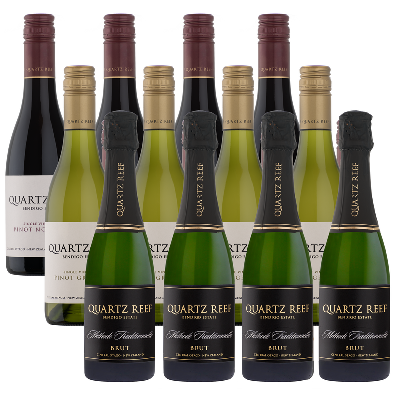 A case of half bottles inlcluding Brut Sparkling Wine, Pinot Gris and Pinot Noir from Quartz Reef Central Otago, New Zealand